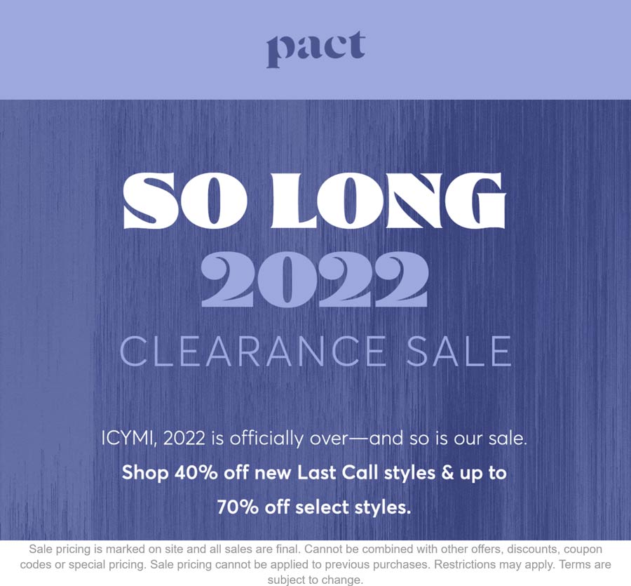 PACT stores Coupon  40% off sale items at PACT #pact 