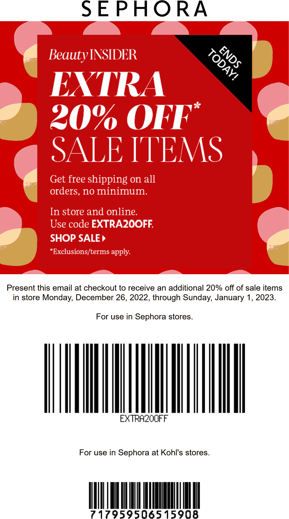 Sephora stores Coupon  Extra 20% off sale items today at Sephora, or online via promo code EXTRA20OFF #sephora 