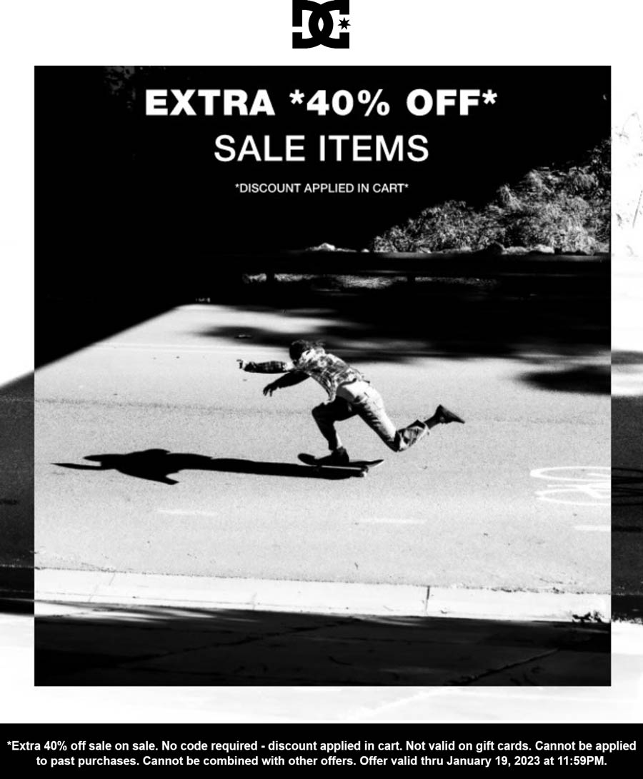DC stores Coupon  Extra 40% off sale items at DC shoes #dc 