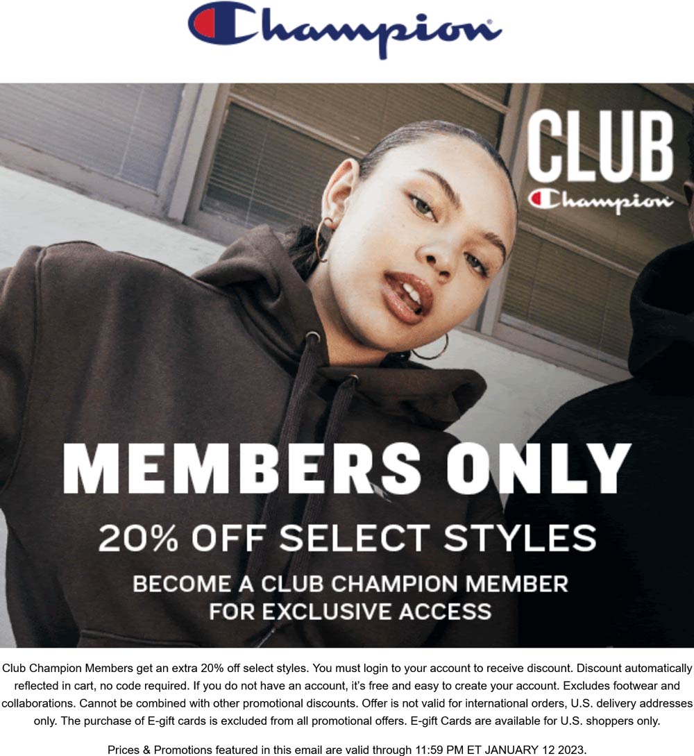 20 off logged in today at Champion champion The Coupons App®