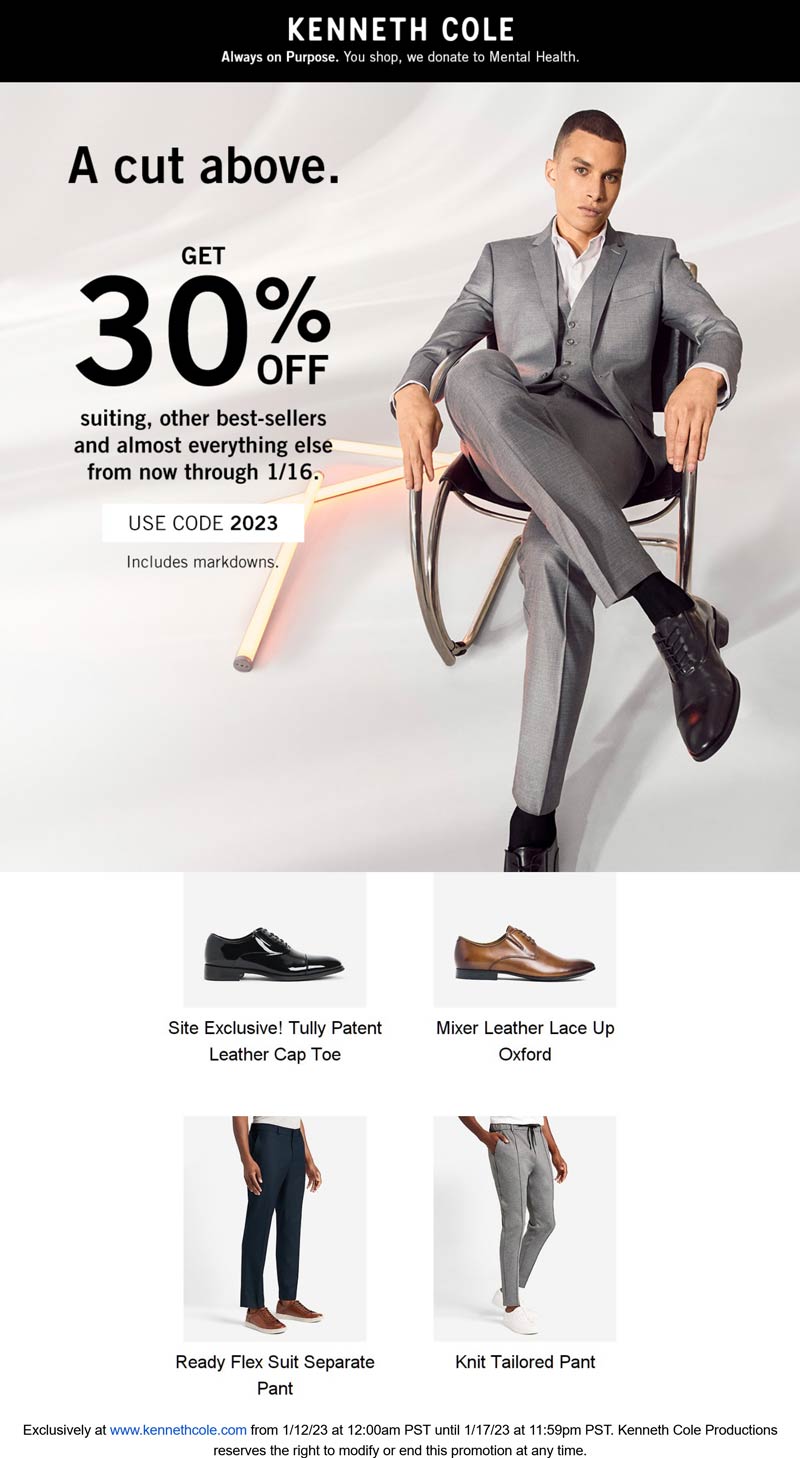 Kenneth Cole stores Coupon  30% off online at Kenneth Cole via promo code 2023 #kennethcole 