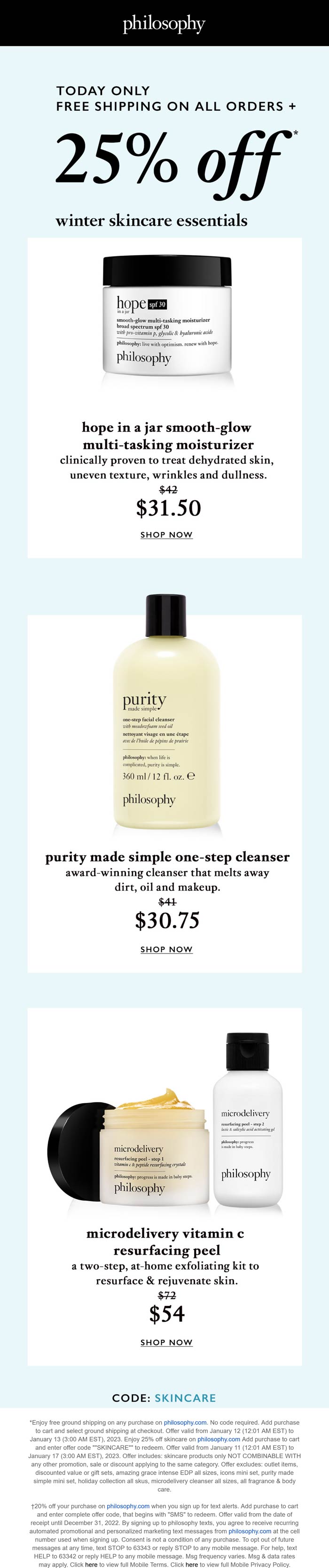 Philosophy stores Coupon  25% off winter skincare today at Philosophy #philosophy 