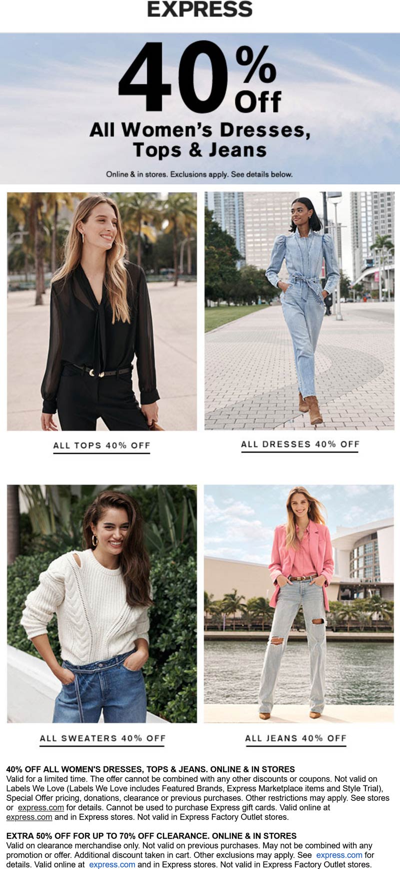 Express stores Coupon  40% off jeans dresses & tops at Express #express 
