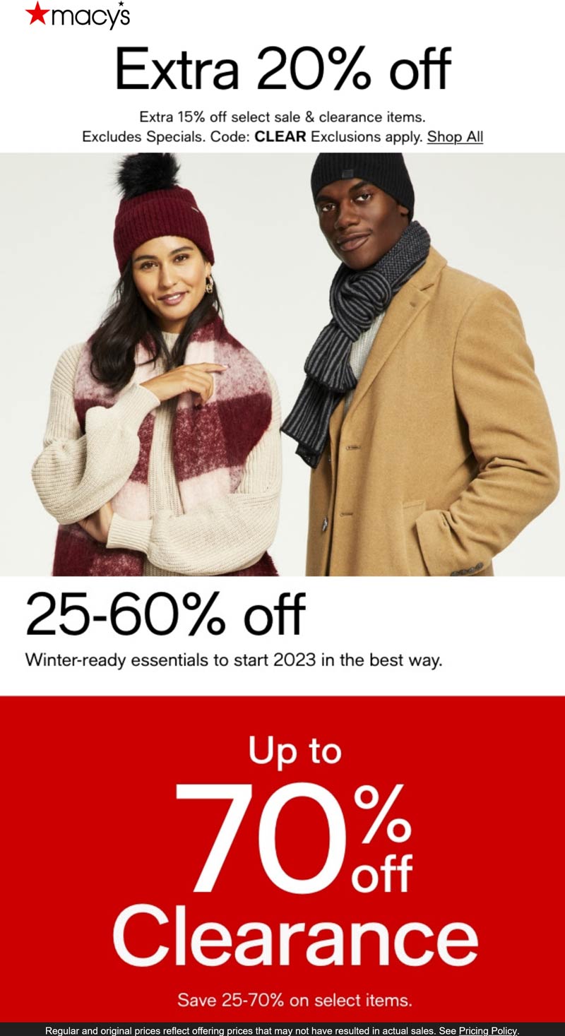Macys stores Coupon  Extra 15-20% off at Macys, or online via promo code CLEAR #macys 