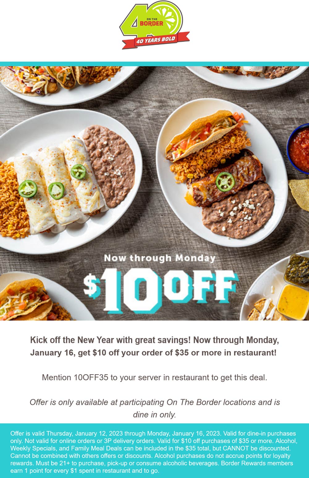 On The Border restaurants Coupon  $10 off $35 at On The Border restaurants via promo code 10OFF35 #ontheborder 