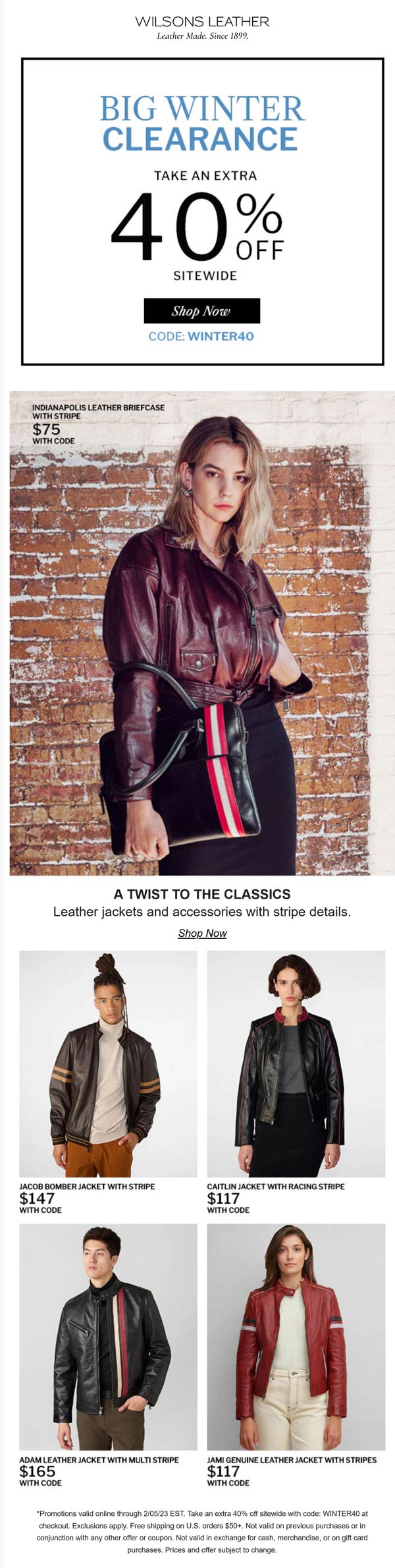 Wilsons Leather stores Coupon  Extra 40% off everything online at Wilsons Leather via promo code WINTER40 #wilsonsleather 