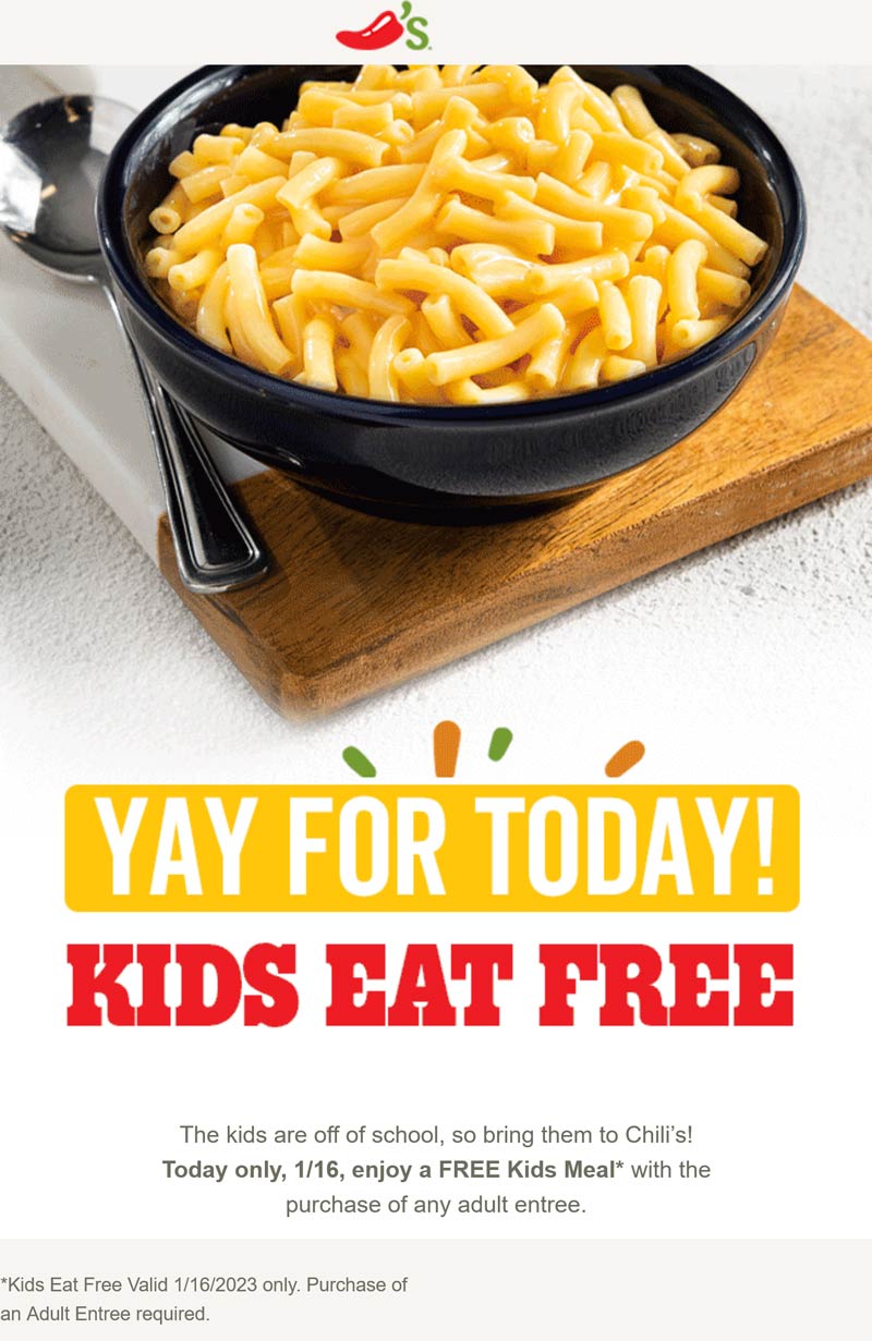 Chilis restaurants Coupon  Free kids meal with yours today at Chilis #chilis 
