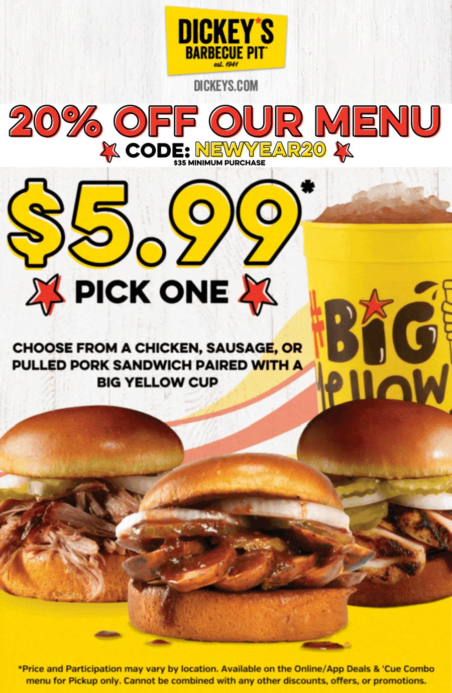 Dickeys Barbecue Pit restaurants Coupon  Chicken, sausage or pulled pork sandwich + drink = $6 at Dickeys Barbecue Pit #dickeysbarbecuepit 
