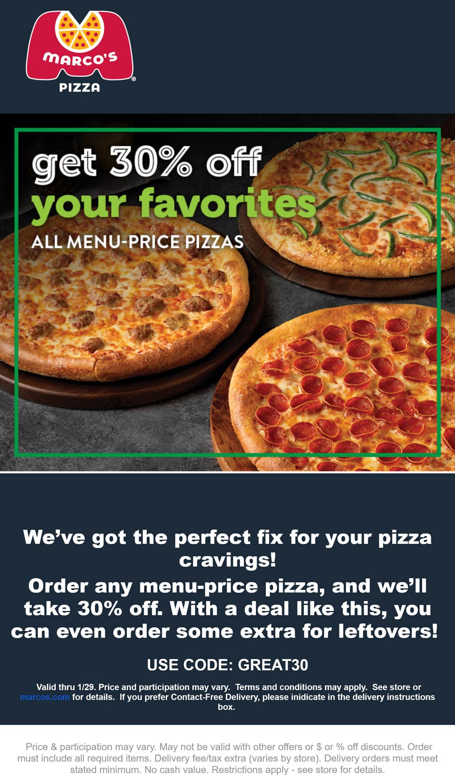 Marcos restaurants Coupon  30% off at Marcos Pizza via promo code GREAT30 #marcos 