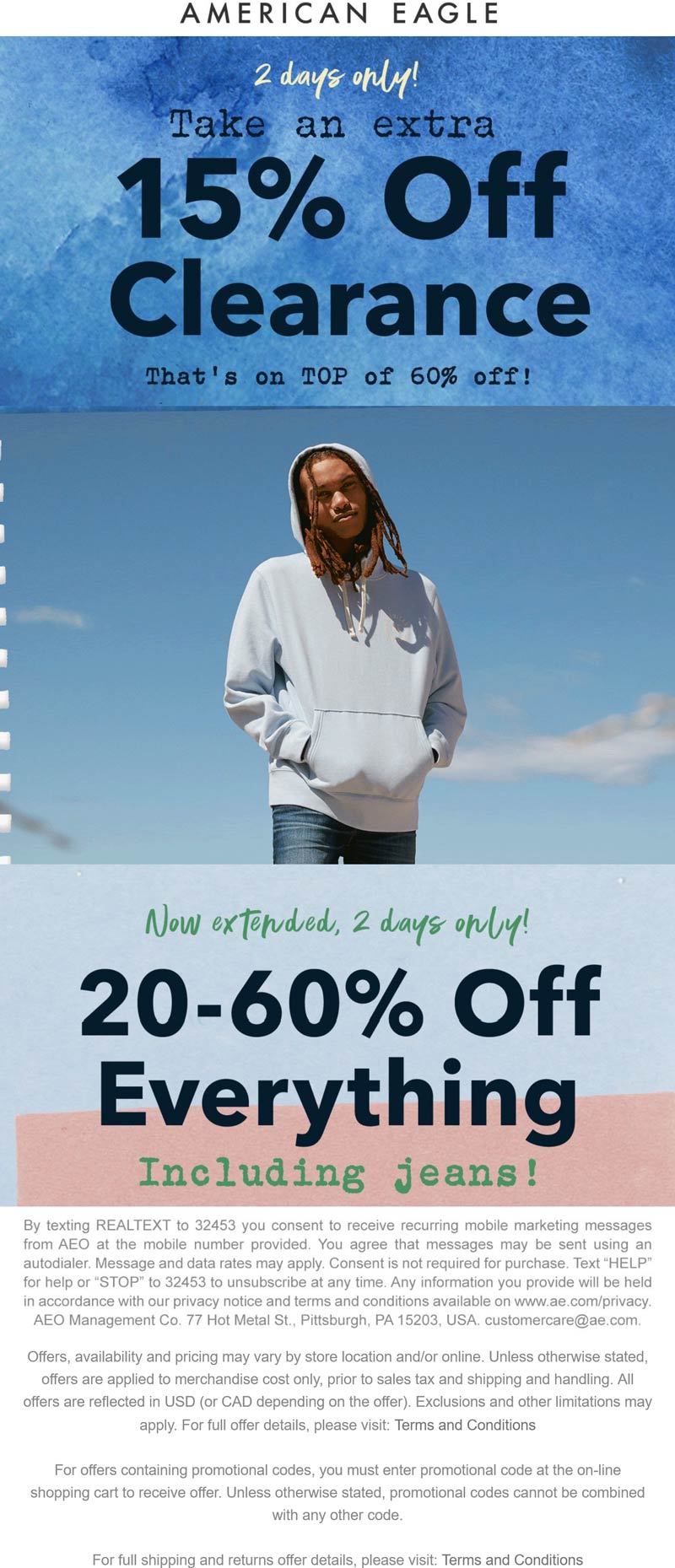 American Eagle stores Coupon  20-60% off everything + extra 15% off clearance at American Eagle #americaneagle 