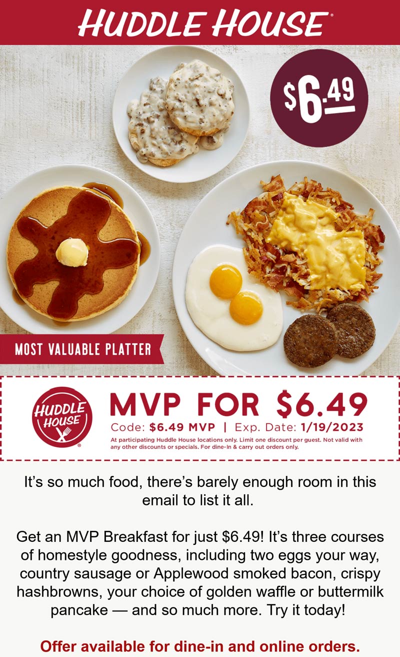 Huddle House coupons & promo code for [February 2024]