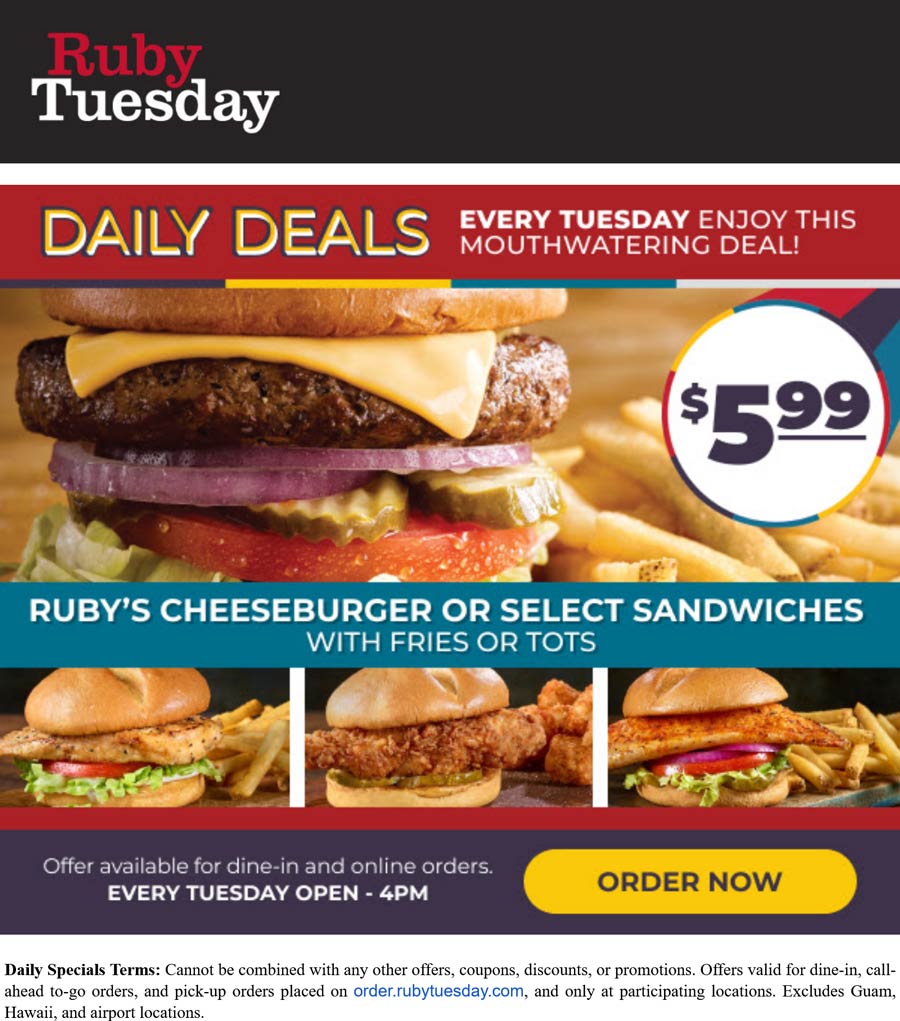 Ruby Tuesday restaurants Coupon  Cheeseburger or chicken sandwich + fries or tots = $6 today at Ruby Tuesday #rubytuesday 