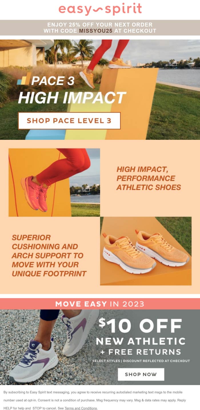 Easy Spirit stores Coupon  $10 off athletic shoes at Easy Spirit, also 25% online via promo code MISSYOU25 #easyspirit 