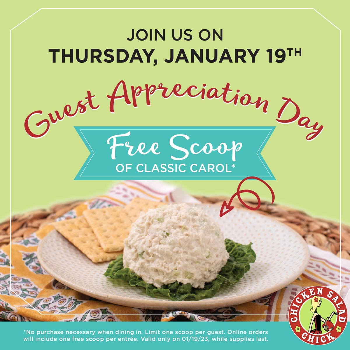Chicken Salad Chick restaurants Coupon  Free scoop of classic carol today at Chicken Salad Chick restaurants, no purchase necessary #chickensaladchick 