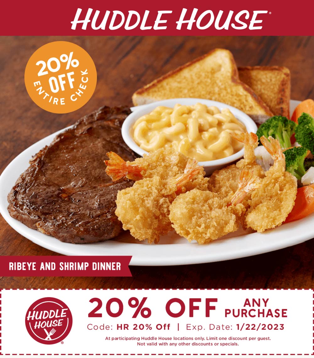 Huddle House restaurants Coupon  20% off at Huddle House restaurants #huddlehouse 