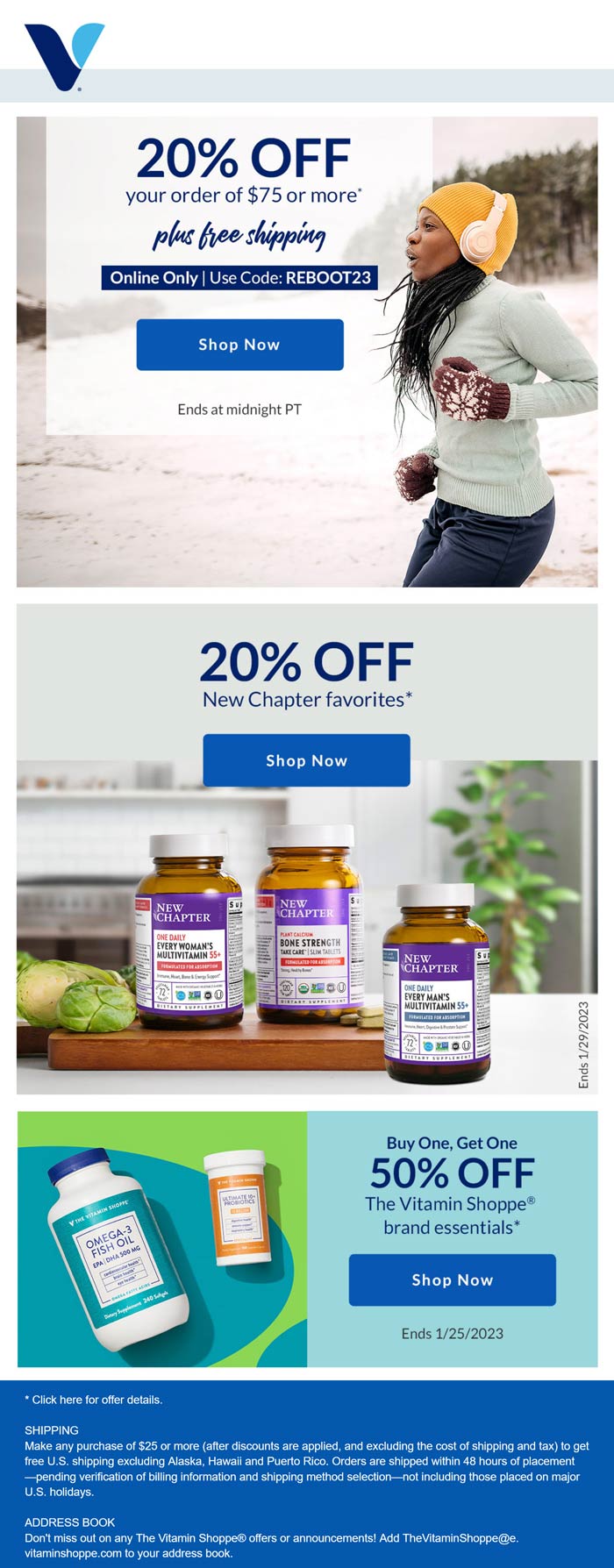 The Vitamin Shoppe stores Coupon  20% off $75 today online at The Vitamin Shoppe via promo code REBOOT23 #thevitaminshoppe 