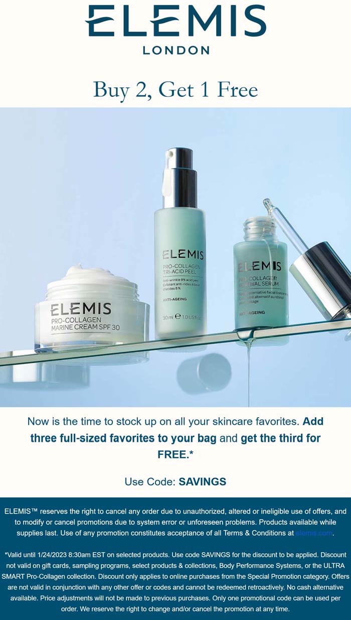 Elemis stores Coupon  3rd full size item free at Elemis via promo code SAVINGS #elemis 