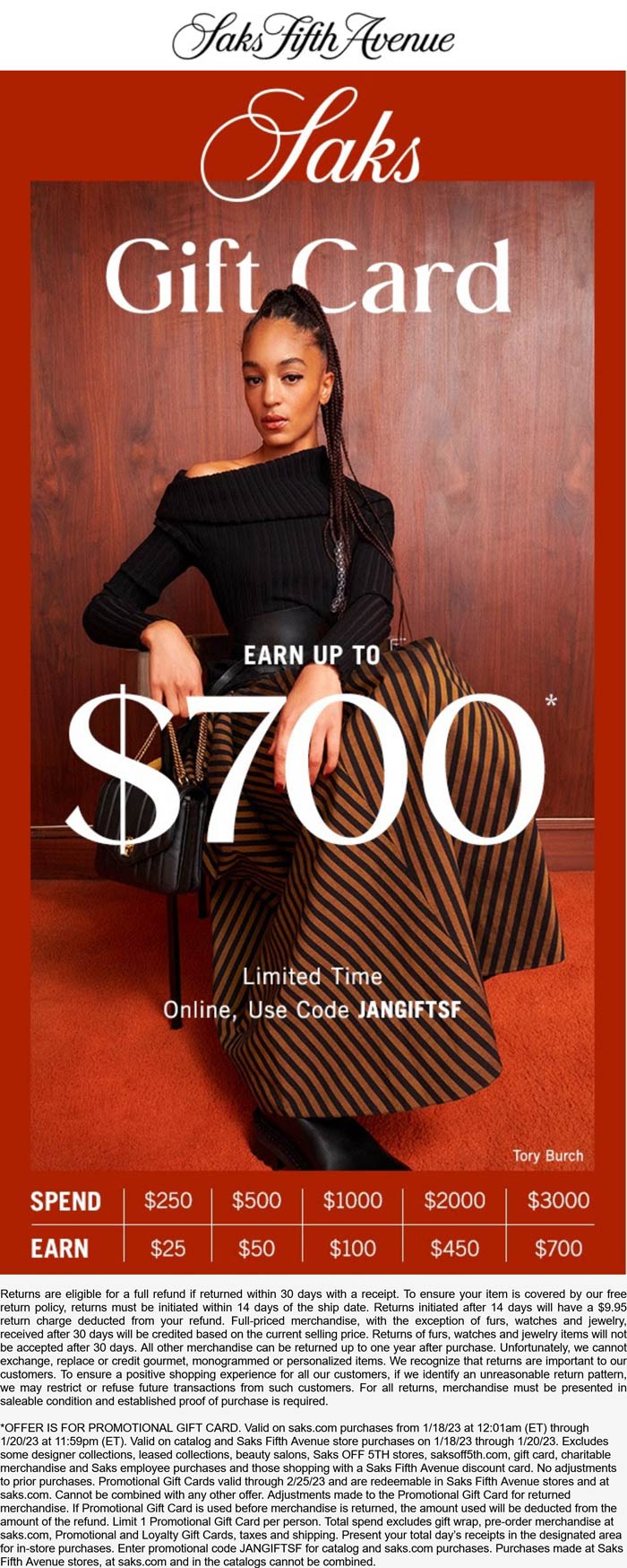 Saks Fifth Avenue stores Coupon  $25-$700 card on $250+ today at Saks Fifth Avenue via promo code JANGIFTSF #saksfifthavenue 