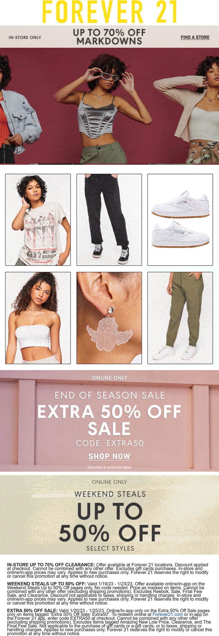 Forever 21 stores Coupon  Extra 50% off sale items at Forever 21, or online via promo code EXTRA50 #forever21 