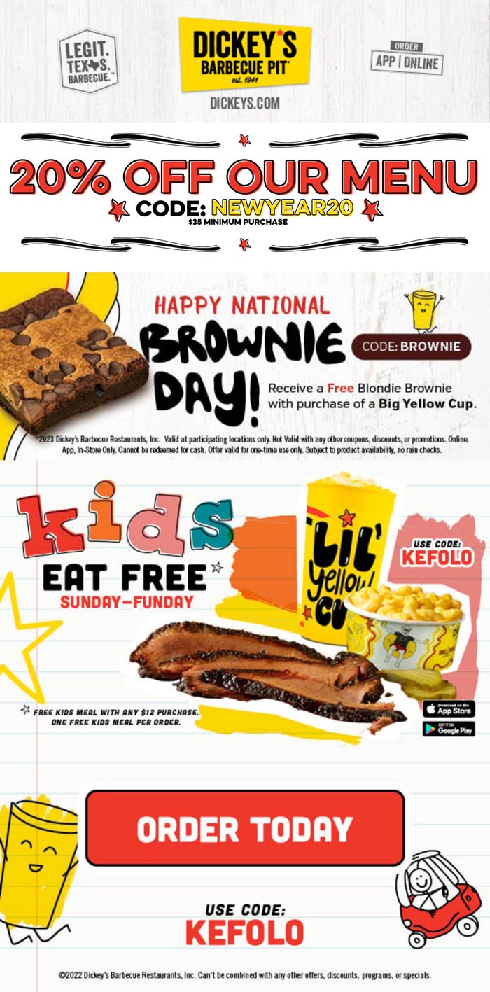 Dickeys Barbecue Pit restaurants Coupon  Free brownie or kids meal today at Dickeys Barbecue Pit via promo code BROWNIE and KEFOLO #dickeysbarbecuepit 