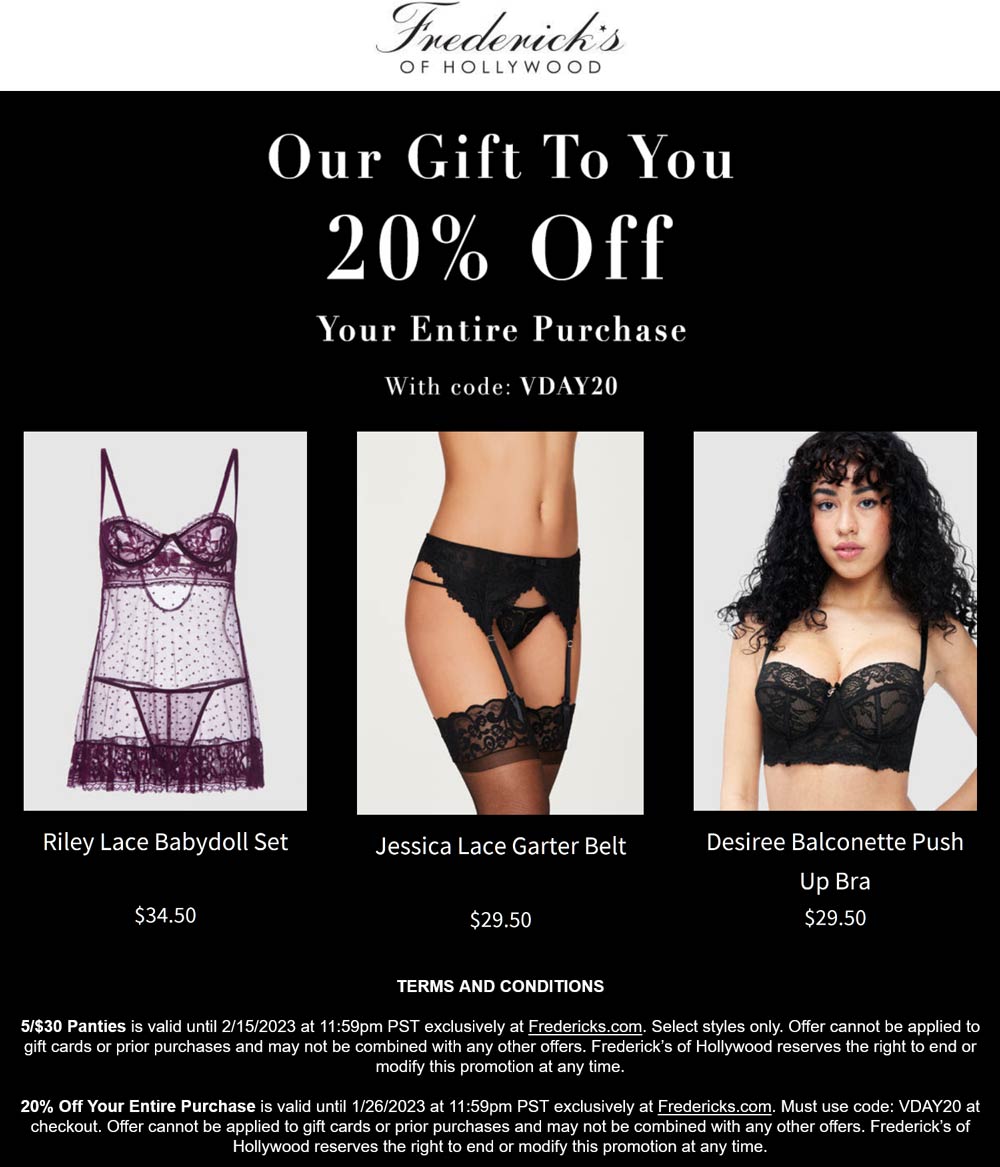 Fredericks of Hollywood stores Coupon  20% off everything at Fredericks of Hollywood via promo code VDAY20 #fredericksofhollywood 