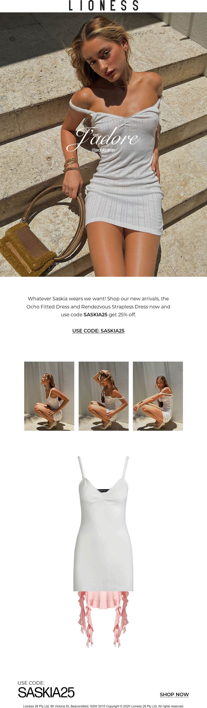 Lioness stores Coupon  25% off new arrivals at Lioness via promo code SASKIA25 #lioness 