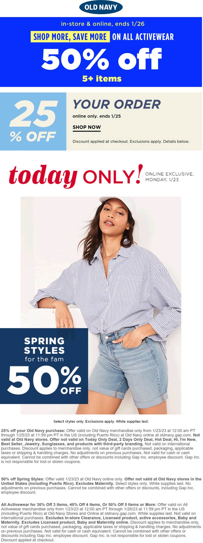 Old Navy stores Coupon  50% off spring styles & more online today at Old Navy #oldnavy 