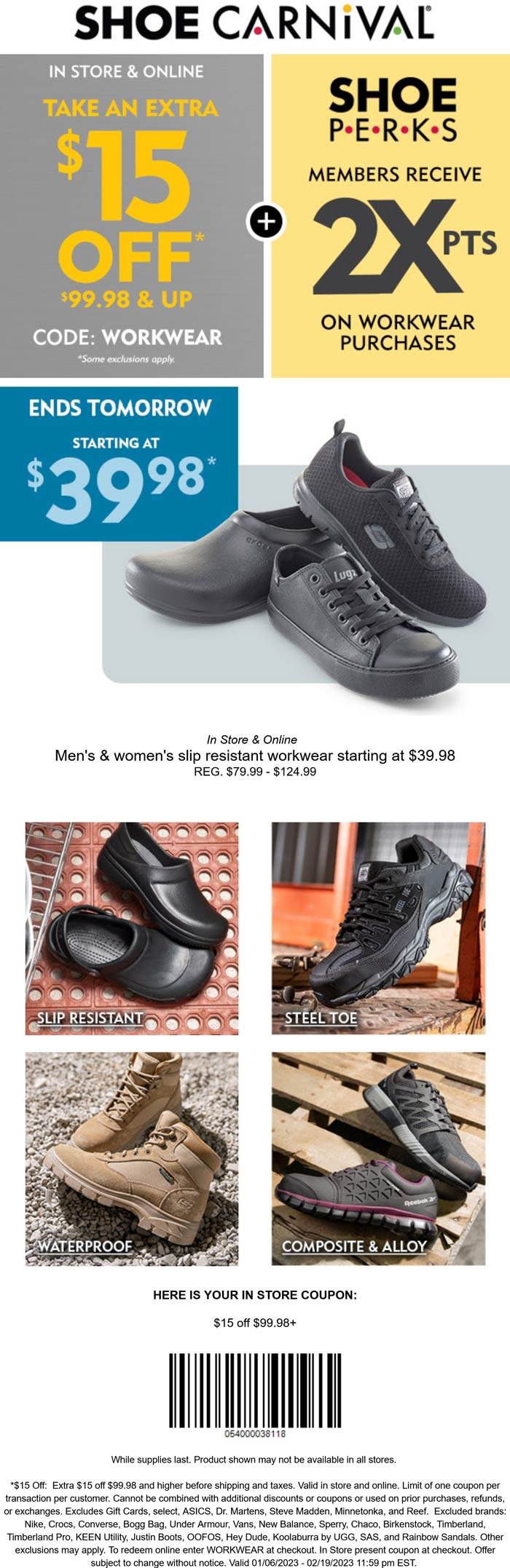 Shoe Carnival stores Coupon  $15 off $100 on work footwear at Shoe Carnival, or online via promo code WORKWEAR #shoecarnival 