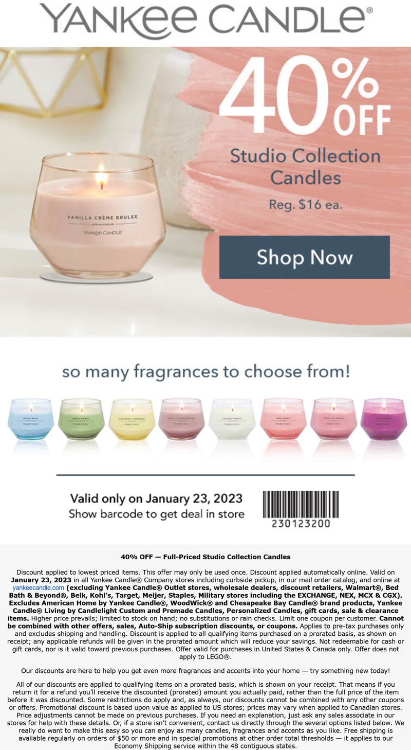 Yankee Candle stores Coupon  40% off studio collection candles today at Yankee Candle, ditto online #yankeecandle 