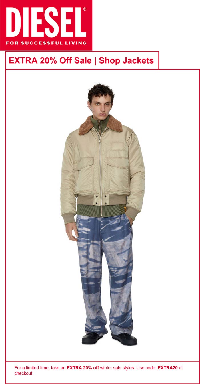 Diesel stores Coupon  Extra 20% off winter sale styles at Diesel via promo code EXTRA20 #diesel 