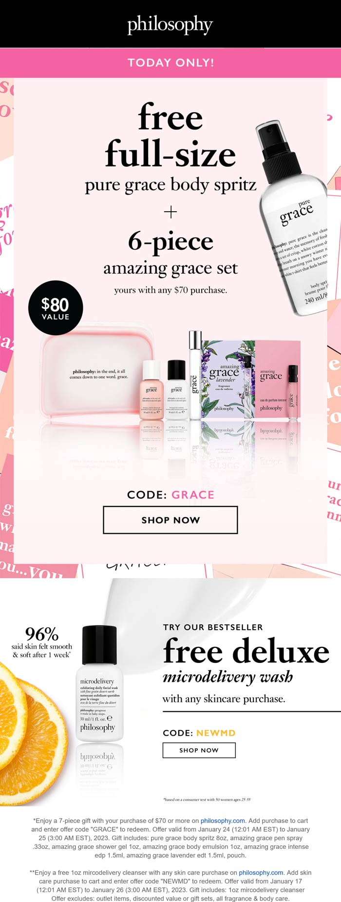 Philosophy stores Coupon  Free full size body spritz & 6pc set on $70 today at Philosophy via promo code GRACE #philosophy 