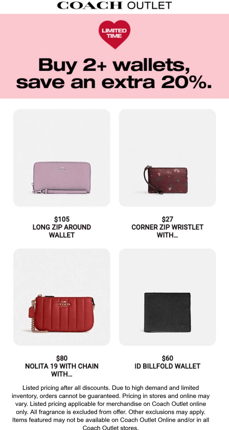 Coach Outlet stores Coupon  Extra 20% off 2+ wallets at Coach Outlet #coachoutlet 