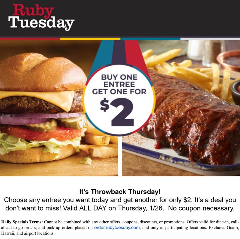 Ruby Tuesday restaurants Coupon  Second entree $2 today at Ruby Tuesday #rubytuesday 