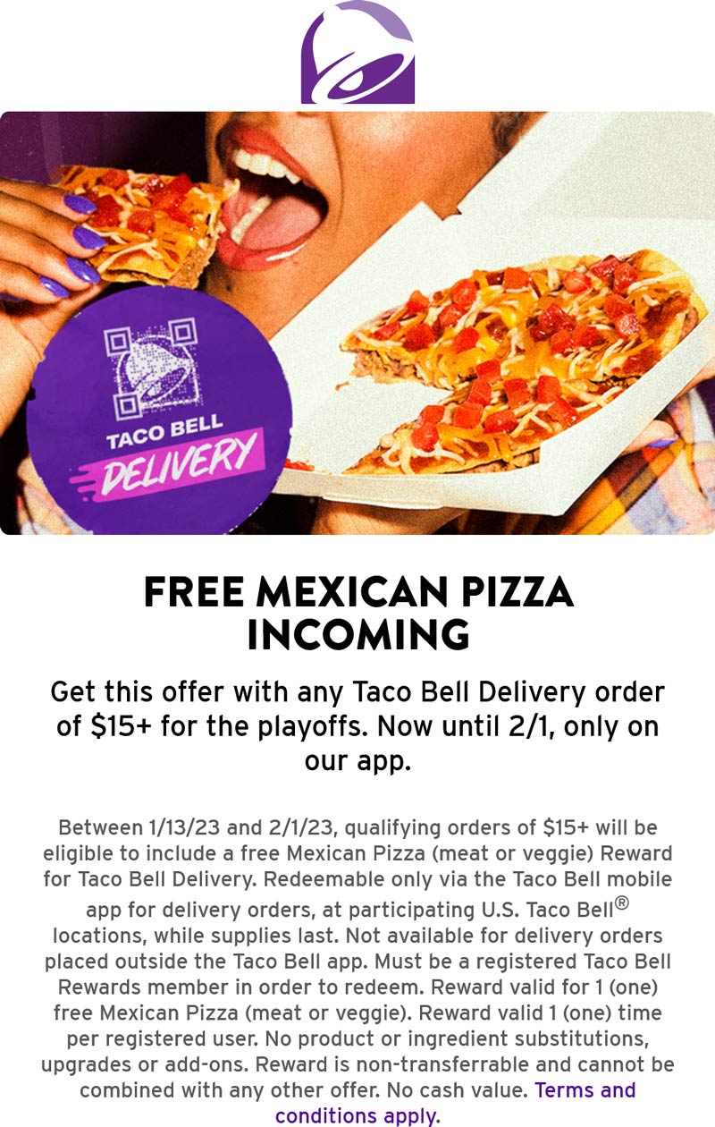 Taco Bell restaurants Coupon  Free mexican pizza with $15 delivery at Taco Bell #tacobell 