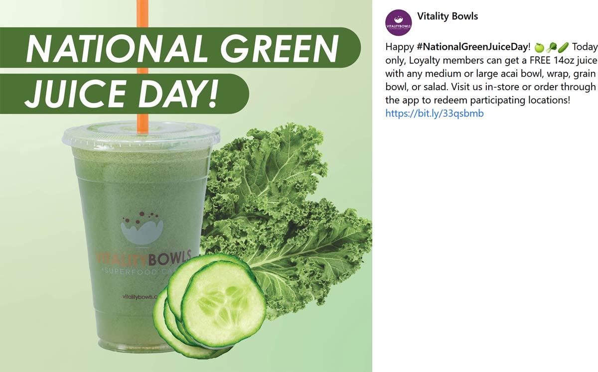 Vitality Bowls restaurants Coupon  Free juice with your bowl wrap or salad today at Vitality Bowls #vitalitybowls 