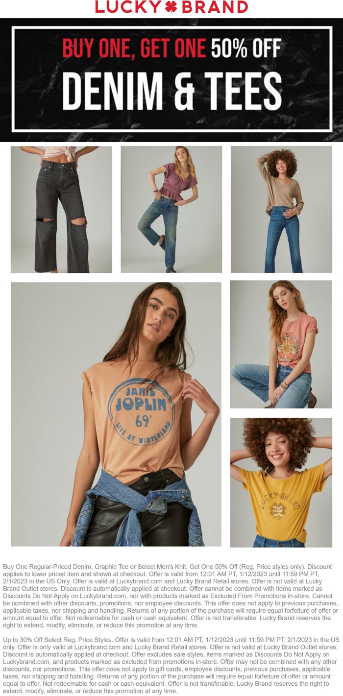 Lucky Brand stores Coupon  Second denim or tee 50% off at Lucky Brand, ditto online #luckybrand 