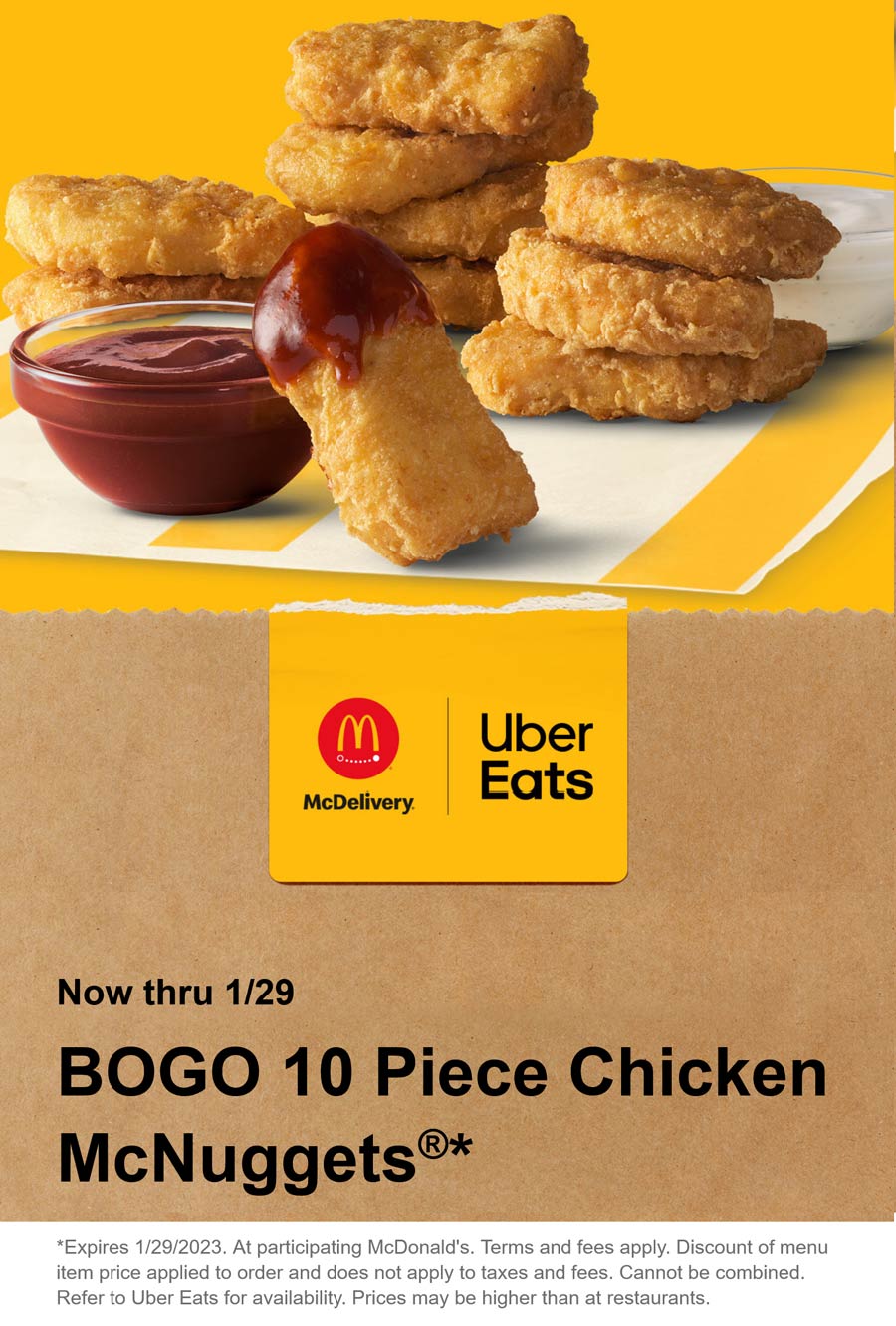 Second 10pc chicken nuggets free via delivery at McDonalds mcdonalds The Coupons App®