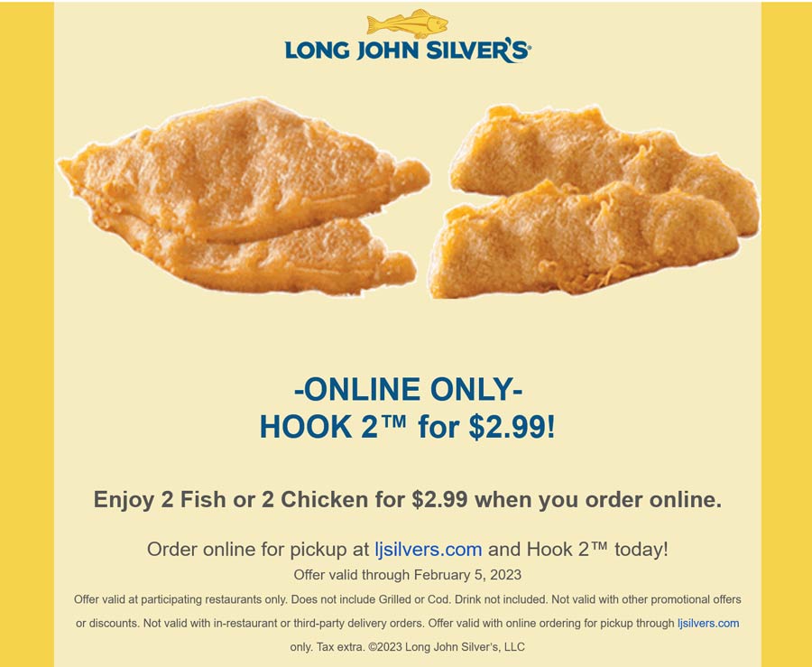 Long John Silvers restaurants Coupon  2 fish or chicken for $3 online at Long John Silvers #longjohnsilvers 