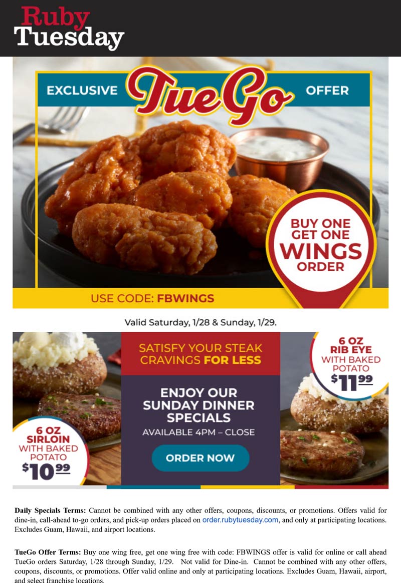 Ruby Tuesday restaurants Coupon  Second takeout chicken wings free today at Ruby Tuesday via promo code FBWINGS #rubytuesday 