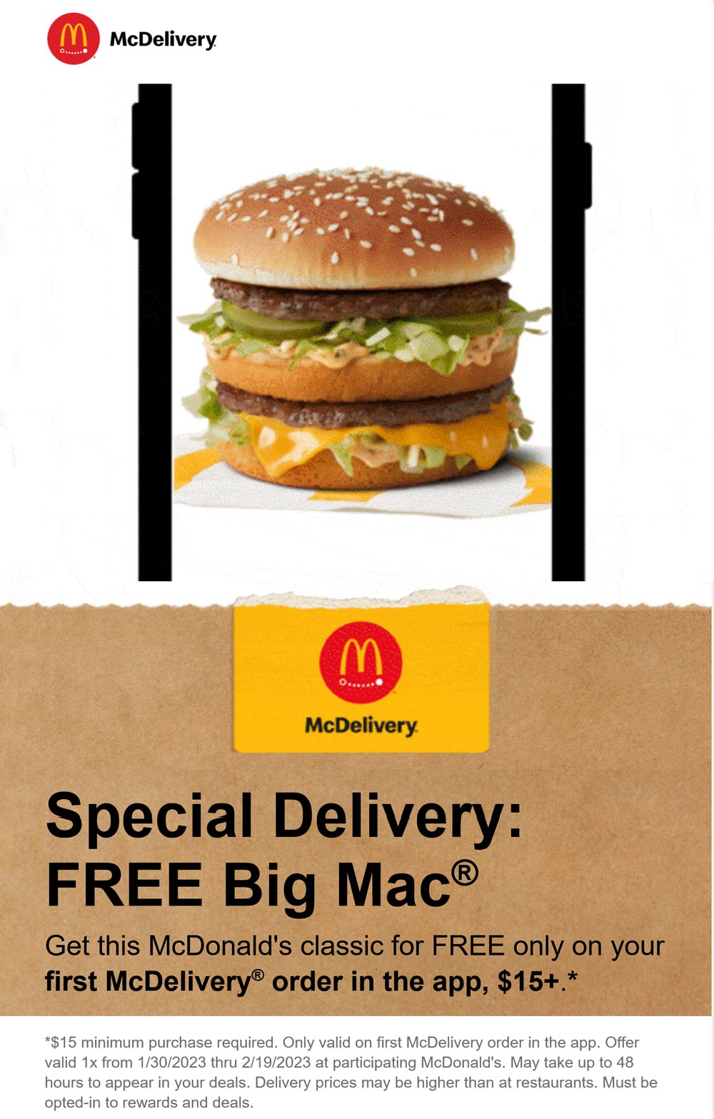 McDonalds restaurants Coupon  Free big mac via first $15 delivery at McDonalds #mcdonalds 