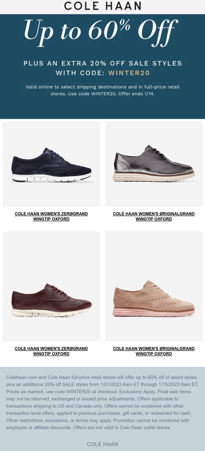 Cole Haan stores Coupon  Extra 20% off sale shoes at Cole Haan via promo code WINTER20 #colehaan 
