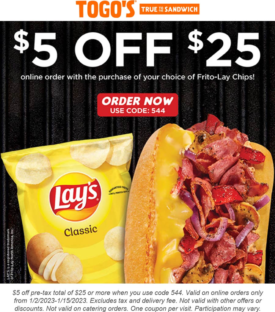 Togos restaurants Coupon  $5 off $25 online at Togos sandwich shop via promo code 544 #togos 