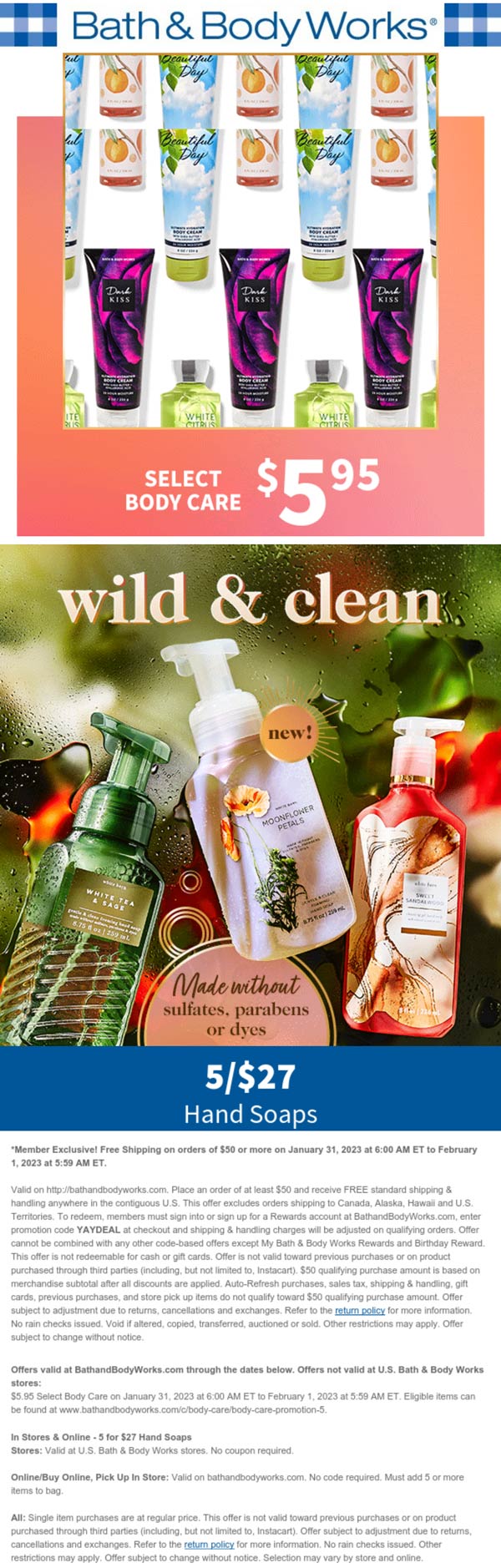Bath & Body Works stores Coupon  $6 body care & 5 hand soaps for $27 at Bath & Body Works, or online via promo code YAYDEAL #bathbodyworks 