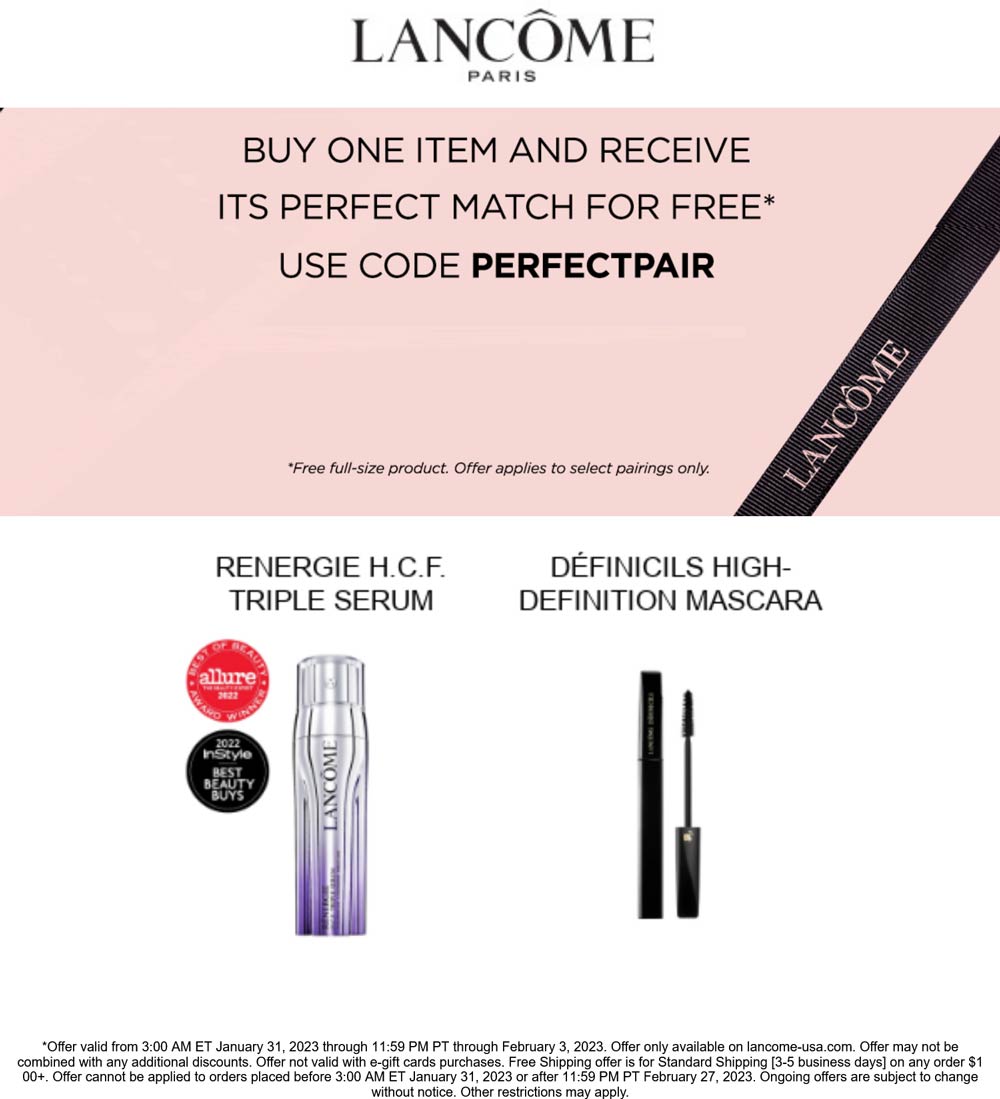 Lancome stores Coupon  Second item free at Lancome via promo code PERFECTPAIR #lancome 