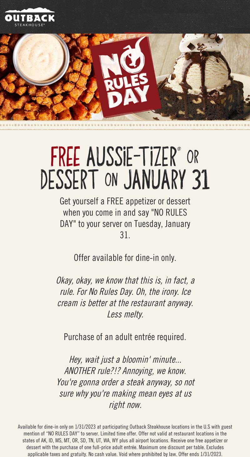 Outback Steakhouse restaurants Coupon  Free appetizer or dessert today at Outback Steakhouse #outbacksteakhouse 