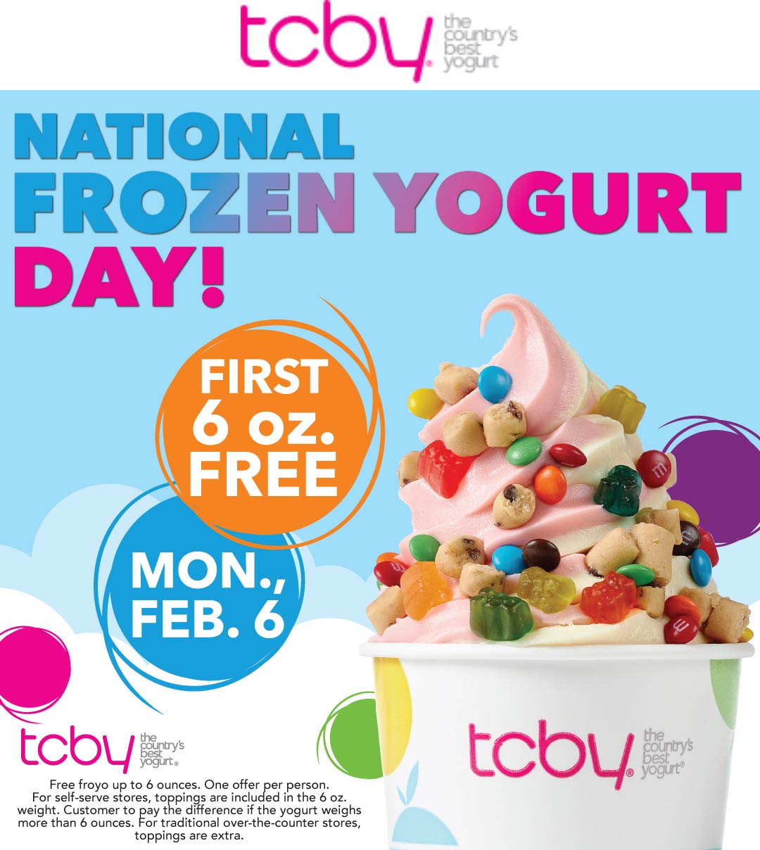 TCBY restaurants Coupon  Free frozen yogurt Monday at TCBY #tcby 