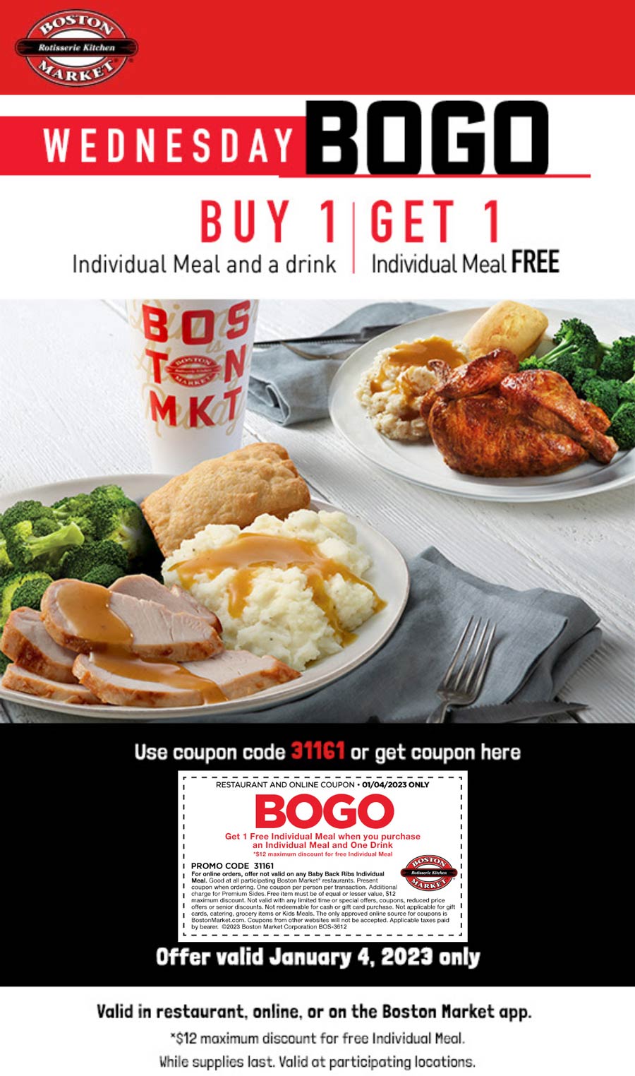 Boston Market restaurants Coupon  Second meal free today at Boston Market #bostonmarket 