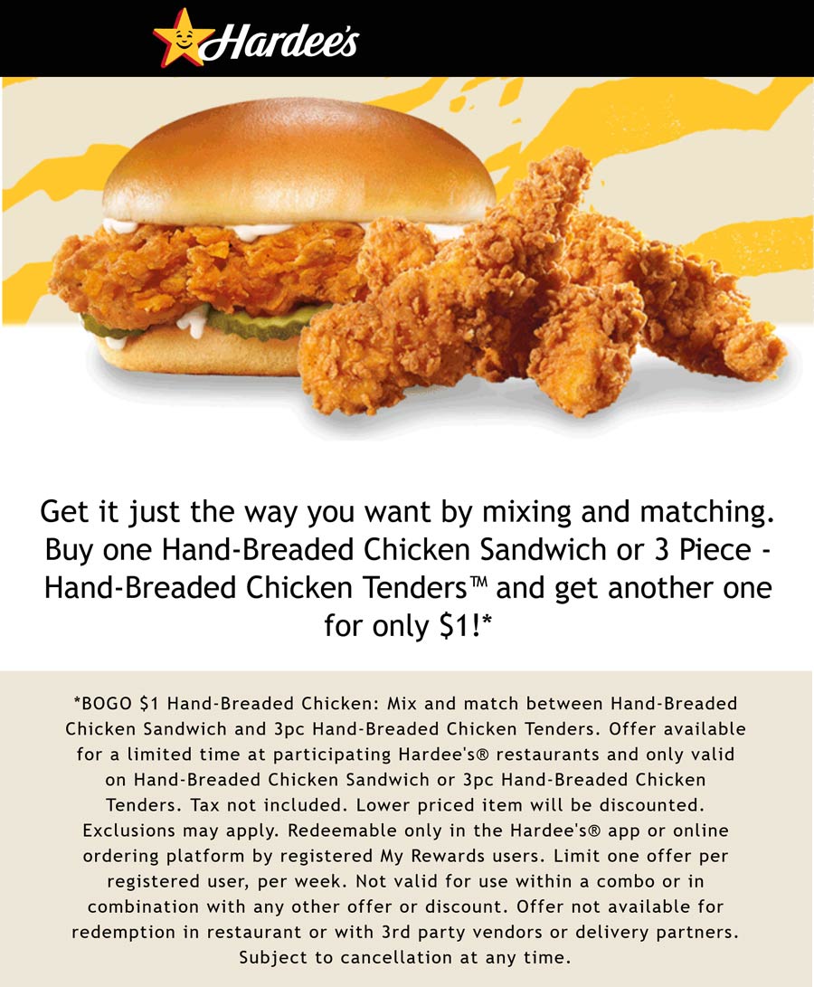Hardees restaurants Coupon  Second chicken sandwich or tenders for $1 online at Hardees #hardees 