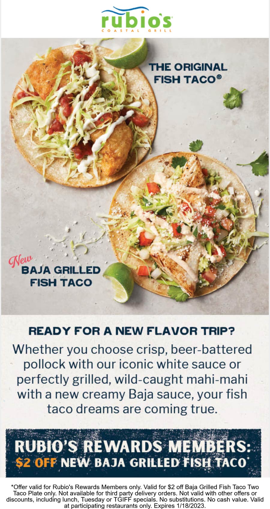 Rubios restaurants Coupon  $2 off grilled fish taco plate at Rubios #rubios 