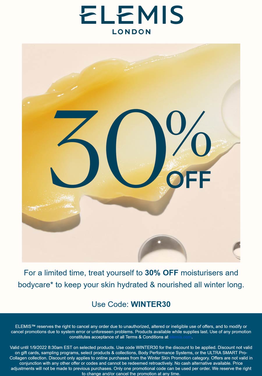 Elemis stores Coupon  30% off moisturizers & body care at Elemis via promo code WINTER30 #elemis 